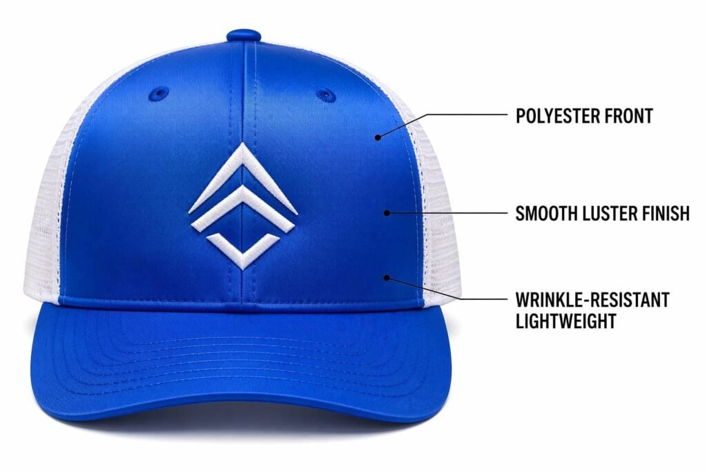 polyester custom trucker hat in electric blue with white mesh back, smooth luster finish wrinkle-resistant lightweight fabric, vibrant color retention, embroidered logo, wholesale B2B promotional caps for sports teams and high-visibility brand campaigns