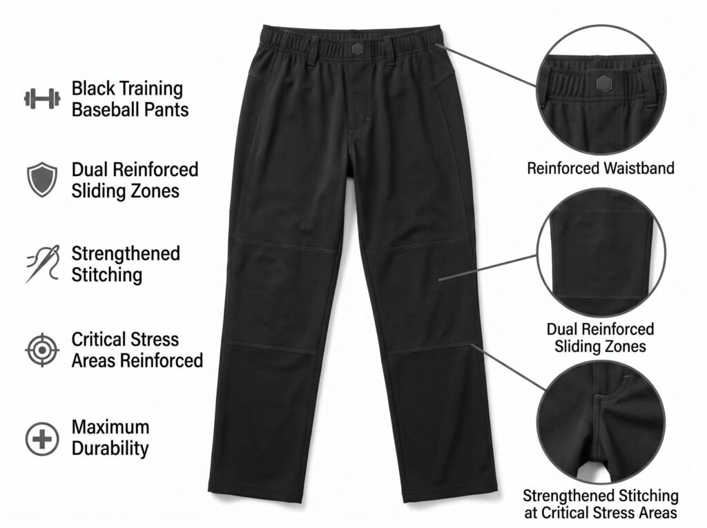 Practice Baseball Pants —Black Training Pants — Featuring dual reinforced sliding zones and strengthened stitching at high-stress areas.