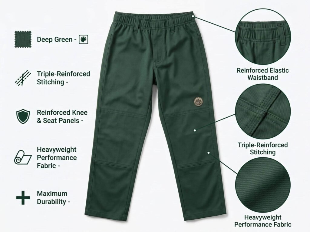 Practice Baseball Pants —Deep Green Training Pants — Featuring triple-stitched reinforcement, reinforced knees and seat panels, and heavyweight fabric.