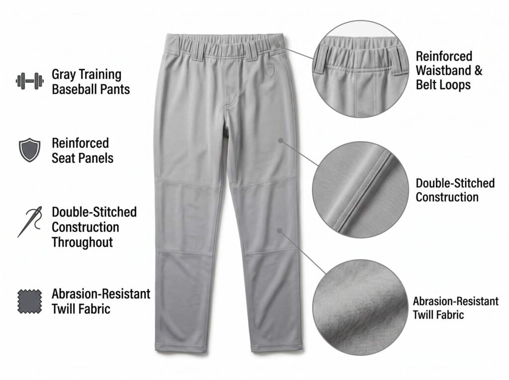 Practice Baseball Pants —Gray Training Pants — Featuring reinforced seat panels, full double stitching, and durable twill fabric.