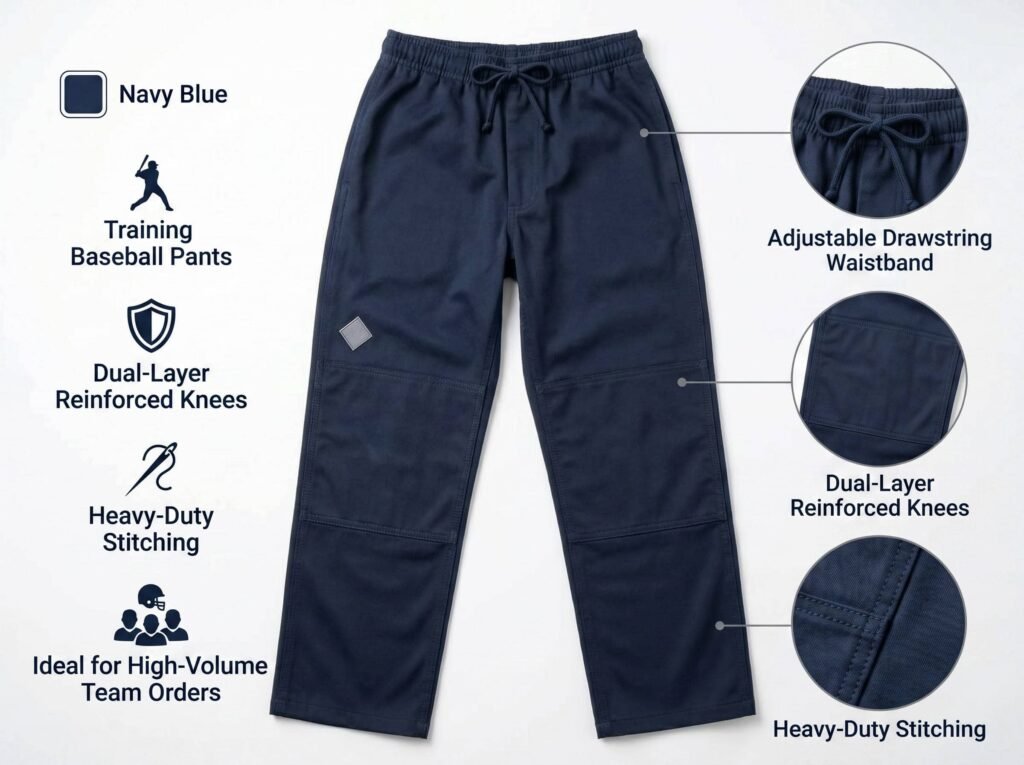 Practice Baseball Pants —Navy Blue Training Pants — Featuring double-layer knee protection, heavy-duty stitching, and designed for high-volume team orders.