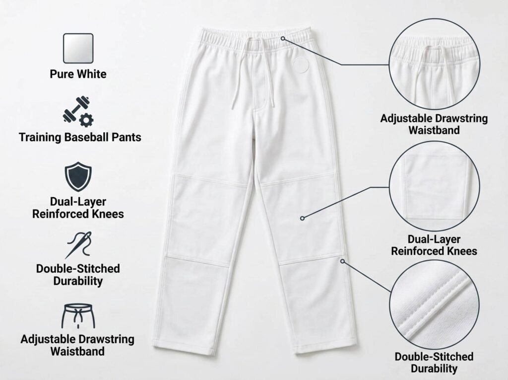 Practice Baseball Pants —Pure White Training Pants — Featuring double-layer knee protection, reinforced double stitching, and an elastic drawstring waistband.