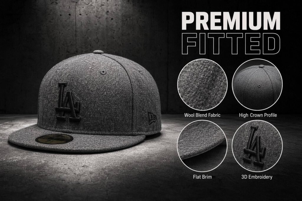 Premium heather gray wool blend fitted baseball cap with high crown profile, perfectly flat brim, and 3D puff embroidery detail — structured custom cap for streetwear brands and corporate branding