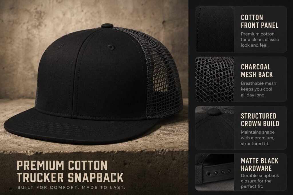 Premium cotton trucker snapback hat in matte black with dark charcoal breathable mesh back panels, structured crown, flat brim, tonal eyelets, and matte black snap closure — a sleek modern trucker for urban lifestyle brands, corporate uniforms, boutique retail merchandise, and minimalist branding with a cotton front panel ideal for embroidery or patch application.