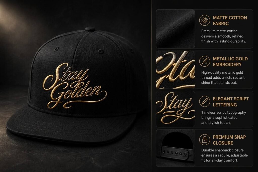 Premium script snapback hat in matte black cotton with metallic gold foil-toned cursive embroidery on the front panel, structured 6-panel crown, flat brim, and matte black snap closure — a luxury lifestyle cap for high-end brands, limited-edition collaborations, and designer merchandise collections with elegant metallic script lettering creating a bold premium visual identity.