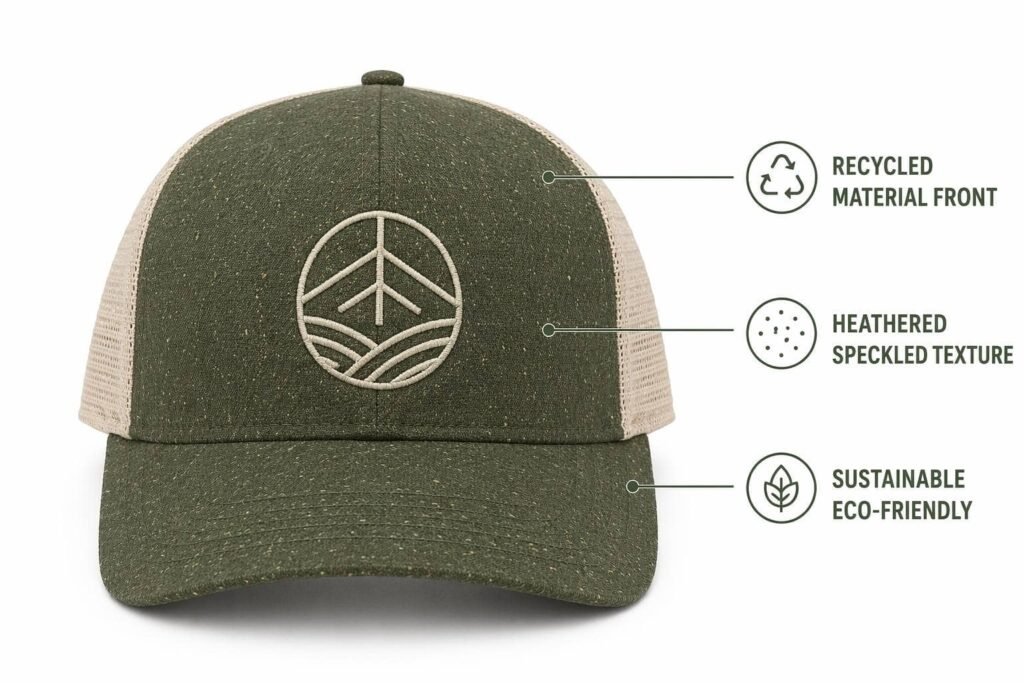 recycled material custom trucker hat in moss green with natural undyed mesh back, heathered speckled texture from recycled polyester fibers, sustainable eco-friendly fabric, embroidered logo, wholesale B2B promotional eco-conscious headwear for ESG-focused and green brands