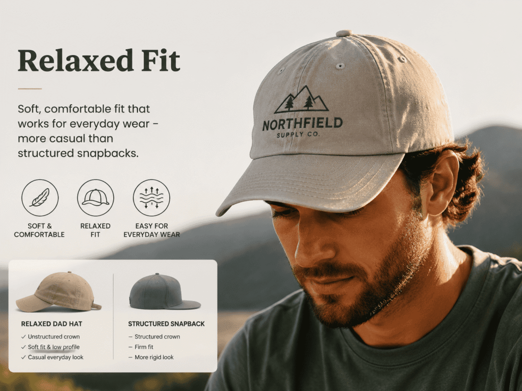 Relaxed fit dad hats featuring soft unstructured 6-panel crowns, curved brims, and comfortable everyday styling, offering a casual alternative to structured snapbacks for streetwear brands, lifestyle apparel companies, and custom hat programs.