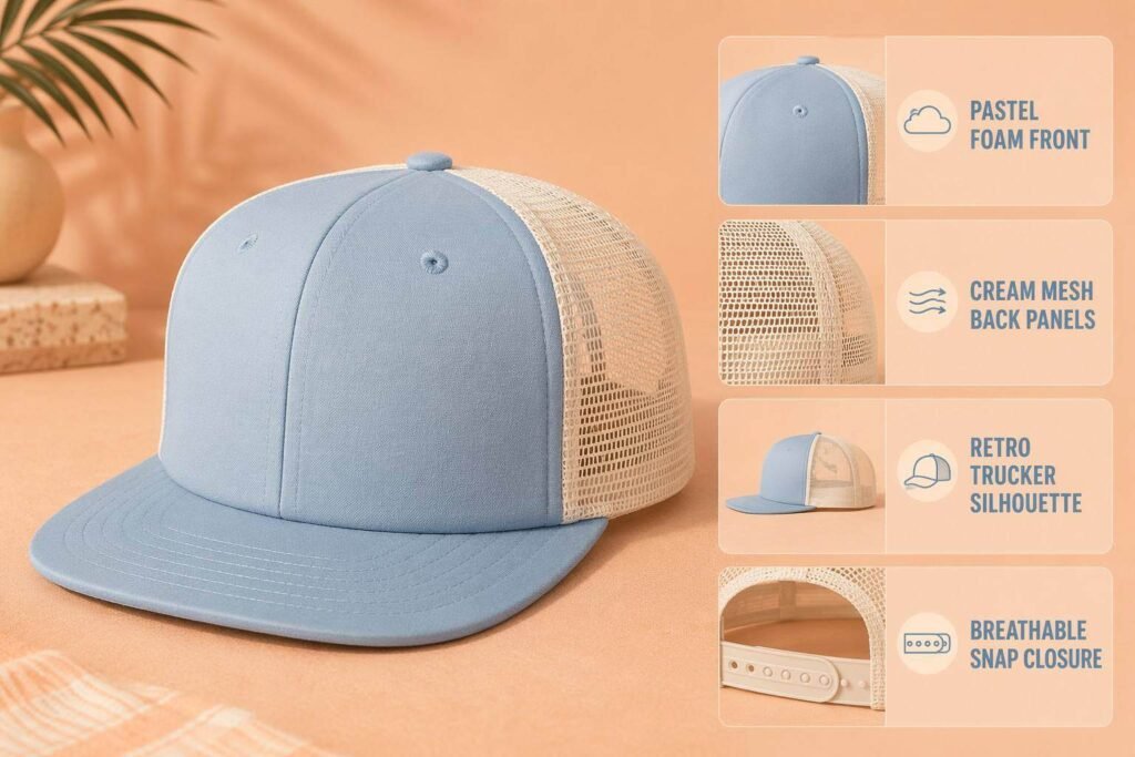 Retro pastel trucker snapback hat in dusty powder blue foam front with off-white cream breathable mesh back panels, tall structured crown, flat brim, tonal eyelets, and cream snap closure — a vintage-inspired casual trucker for nostalgic brands, music festival merchandise, summer capsule collections, and lifestyle labels with a foam front panel perfect for retro-style screen printing or embroidered artwork.