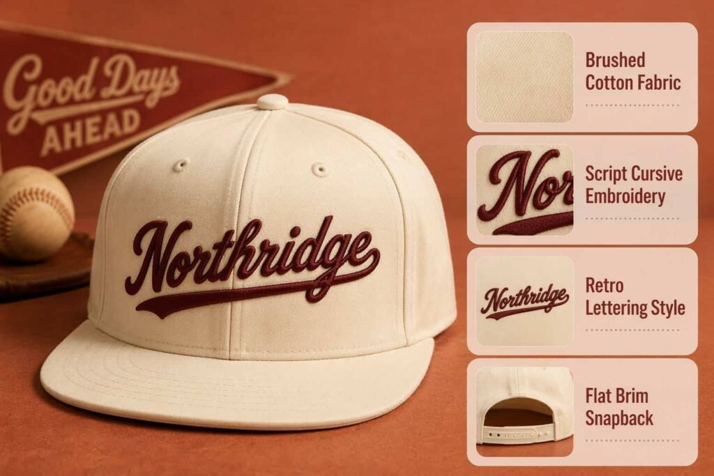 Retro script snapback hat in off-white cream brushed cotton with vintage burgundy cursive embroidery on the front panel, structured 6-panel crown, flat brim, and adjustable snap closure — a nostalgic sports-inspired cap for heritage brands, baseball culture merchandise, and retro lifestyle labels seeking strong visual identity through custom script lettering on a clean flat-brim silhouette.