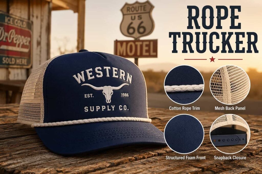 Classic navy blue rope trucker hat with white braided cotton rope trim, structured foam front panel, breathable mesh back, and adjustable snapback closure — custom trucker cap for outdoor brands, sports teams, and promotional merchandise