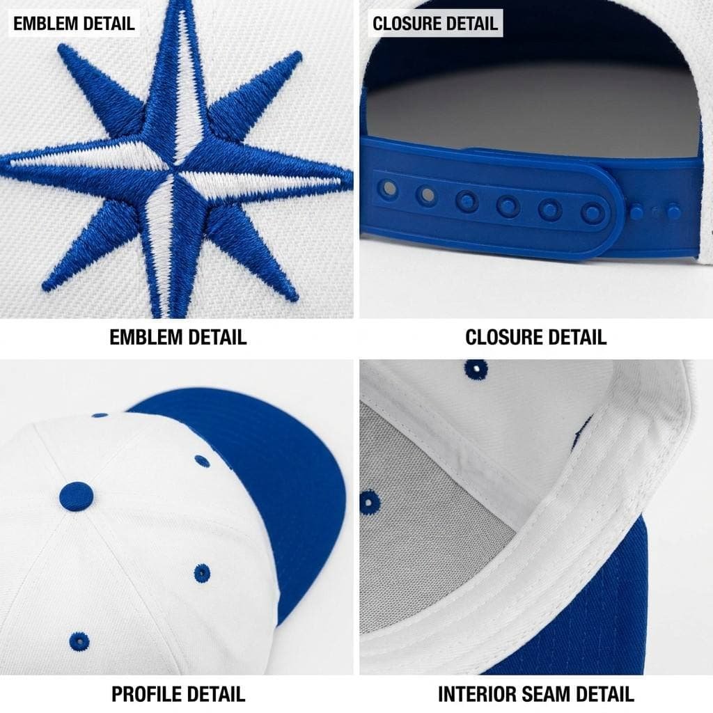 Snapback —White-branded, blue-edged snap-on hat