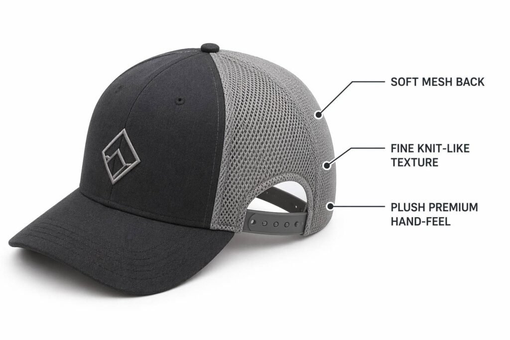 soft mesh back custom trucker hat in heather gray mesh with charcoal front panel, fine knit-like plush texture with premium hand-feel, denser weave for elevated look, embroidered logo, wholesale B2B promotional caps for premium and upscale brand merchandise