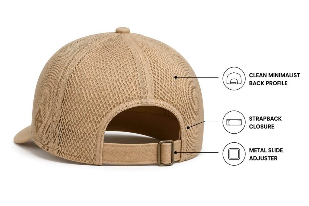 strapback closure custom trucker hat in desert sand, rear view showing fabric strap with metal slide adjuster for smooth sliding fit, clean minimalist back profile with no visible plastic, embroidered logo, wholesale B2B promotional caps with premium strapback closure