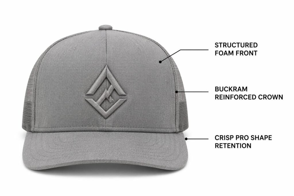 structured custom trucker hat in heather gray with tonal mesh back, foam front panel with internal buckram reinforcement for crisp shape retention, embroidered logo patch, wholesale B2B promotional headwear for corporate uniforms and professional team gear