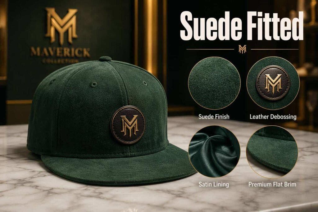 Forest green premium suede fitted hat with soft napped finish, debossed leather logo patch, satin inner lining, and structured flat brim — luxury custom baseball cap for high-end streetwear brands and boutique apparel lines