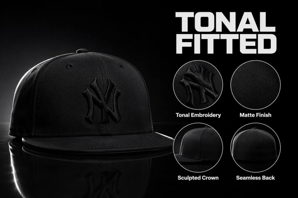 Matte black tonal monochrome fitted hat with black-on-black raised embroidery, sculpted structured crown, and seamless fitted back — stealth luxury custom baseball cap for premium streetwear brands and corporate branding