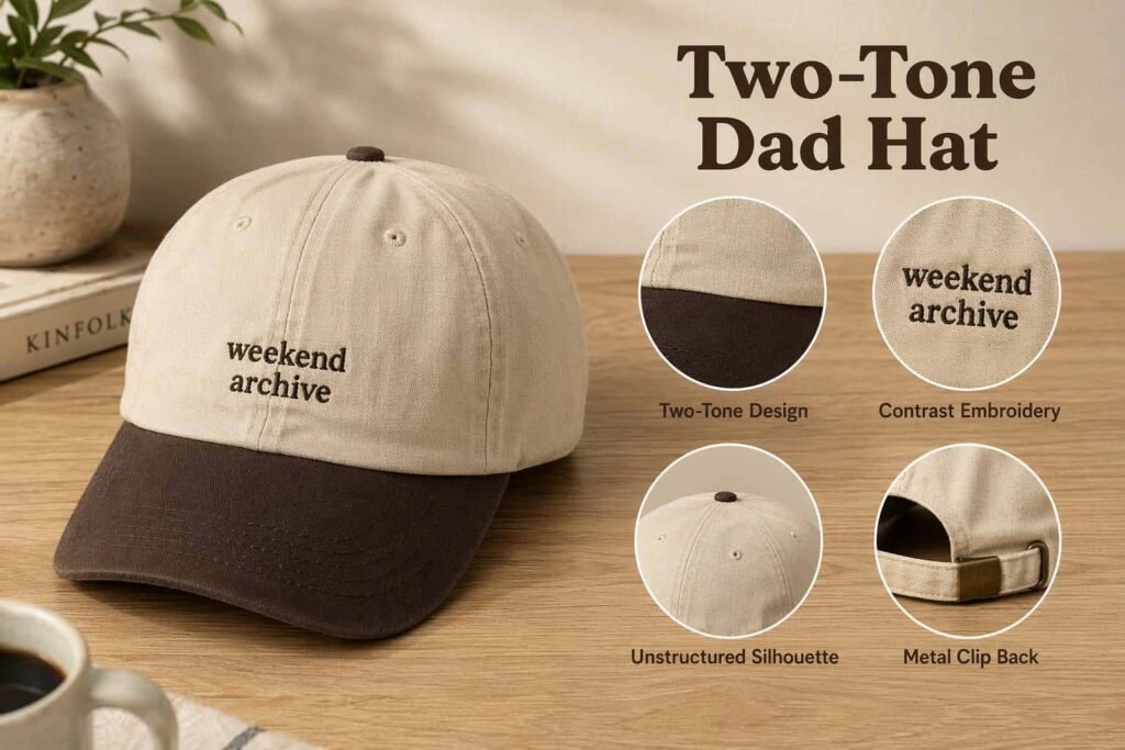 Oatmeal beige and espresso brown two-tone dad hat with contrast embroidery, soft unstructured silhouette, and metal clip back adjuster — custom color block casual baseball cap for minimalist brands, coffee culture merchandise, and everyday lifestyle apparel