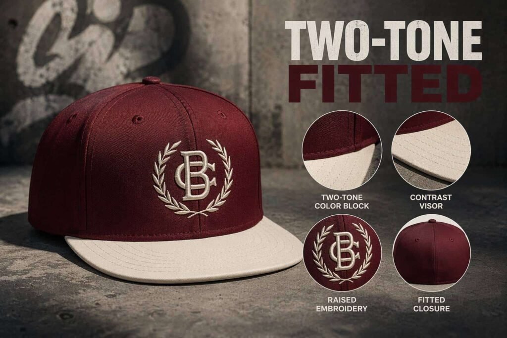 Burgundy red and cream white two-tone color block fitted hat with contrast visor, raised embroidery crest, and seamless fitted back — custom two-tone baseball cap for streetwear brands and team uniforms