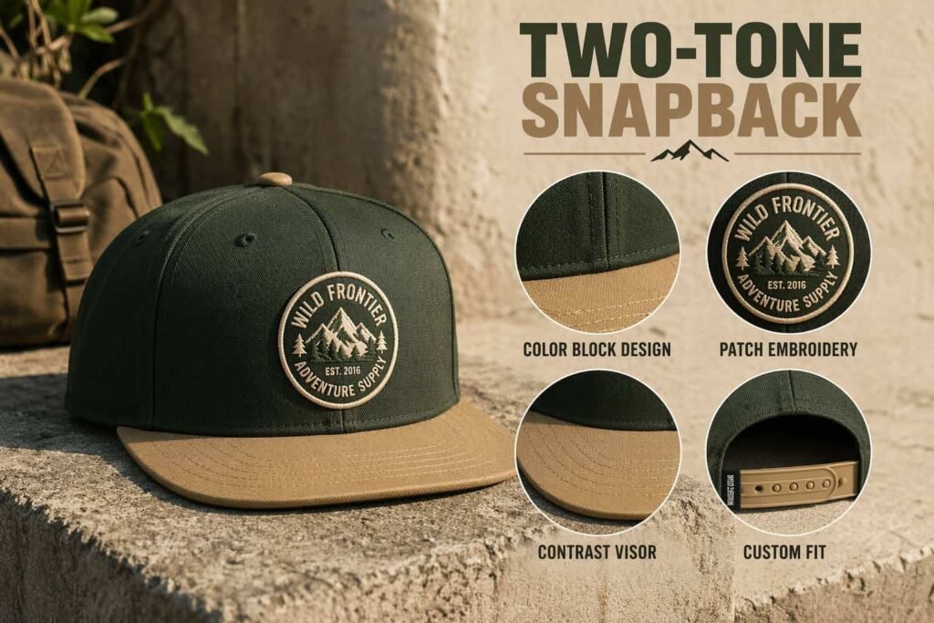Forest green and khaki tan two-tone snapback hat with color block design, patch embroidery detail, contrast visor, and adjustable plastic snap closure — outdoor-inspired custom baseball cap for adventure brands, streetwear labels, and team uniforms