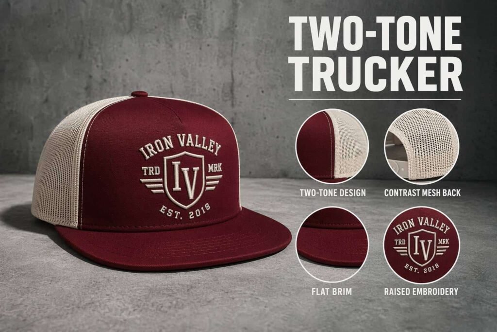 Burgundy red and cream white two-tone trucker hat with contrast mesh back, raised embroidery crest, and flat brim — custom color block mesh cap for streetwear brands, college teams, and promotional events