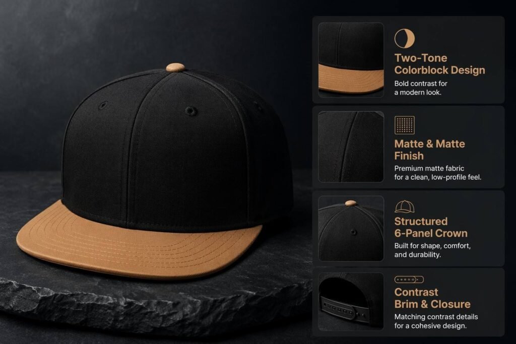 Two-tone colorblock 6-panel snapback hat with matte black structured crown and warm camel flat brim — a bold modern classic for fashion brands, corporate gifting, and premium co-branded collections with adjustable snap closure.