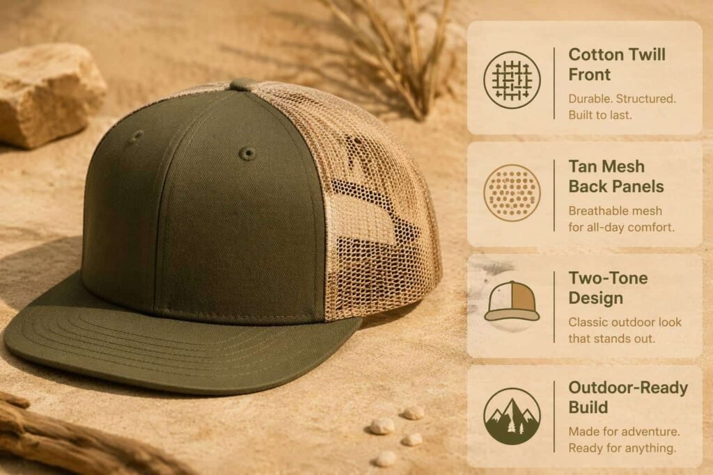 Two-tone outdoor trucker snapback hat in olive green cotton twill front with tan khaki breathable mesh back panels, structured crown, flat brim, tonal eyelets, and adjustable snap closure — a rugged outdoor-ready trucker cap for adventure brands, fishing outfitters, camping lifestyle labels, and hiking merchandise with a solid front panel for custom logo embroidery or woven patch branding.