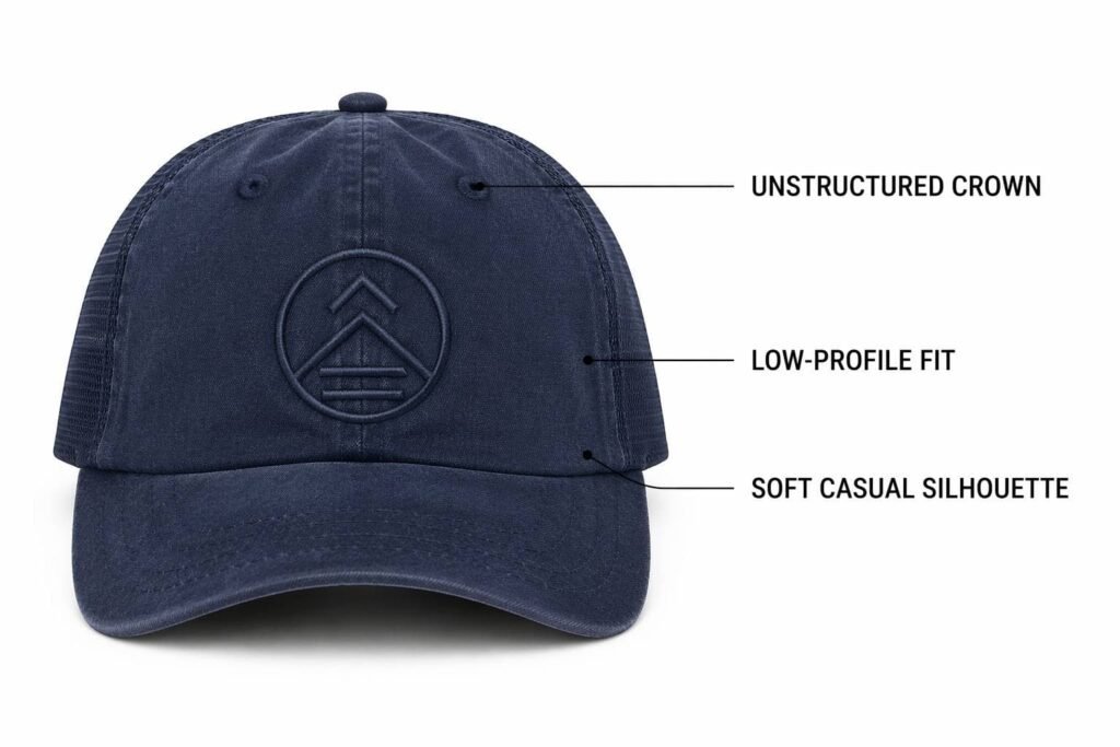 unstructured low-profile custom trucker hat in washed navy blue, soft relaxed crown without buckram, casual draped silhouette, breathable mesh back, custom logo embroidery, wholesale promotional caps for lifestyle brands and corporate giveaways