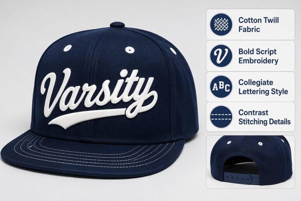 Varsity script snapback hat in deep navy cotton twill with bold white collegiate-style cursive embroidery across the front panel, structured 6-panel crown, flat brim, contrast eyelets, and adjustable snap closure — an athletic-inspired cap for college teams, sports clubs, alumni merchandise, and varsity brand collections with thick flowing script lettering for maximum front-panel visual impact.