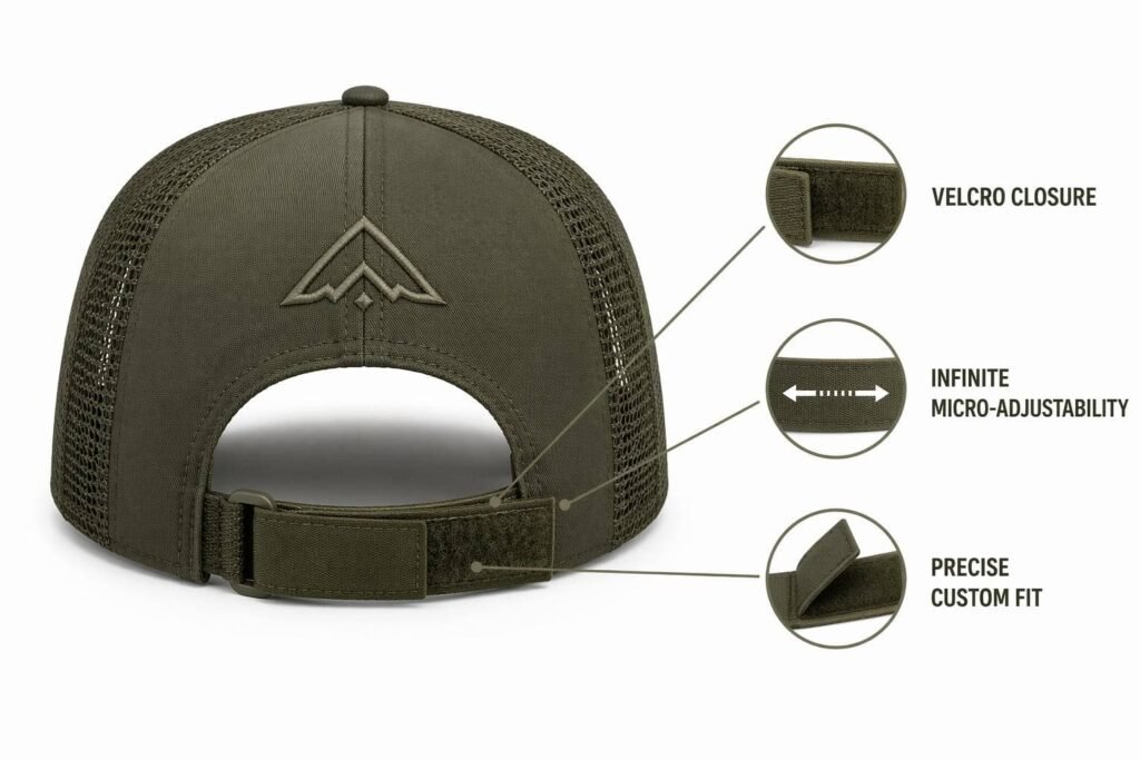 Velcro closure custom trucker hat in olive green, rear view showing wide hook-and-loop strap with infinite micro-adjustability for precise custom fit, no preset positions, embroidered logo, wholesale B2B promotional caps with adjustable Velcro back closure