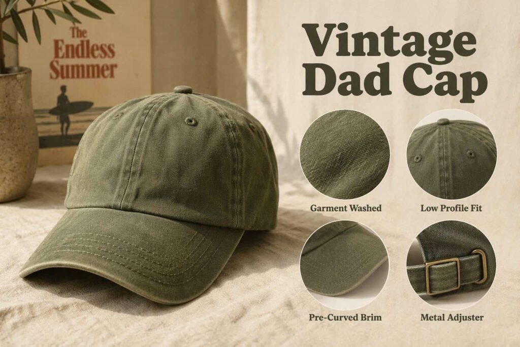 Vintage washed olive green dad cap with garment-washed finish, low-profile unstructured crown, pre-curved brim, and metal slide buckle adjuster — retro casual custom baseball cap for brands and teams