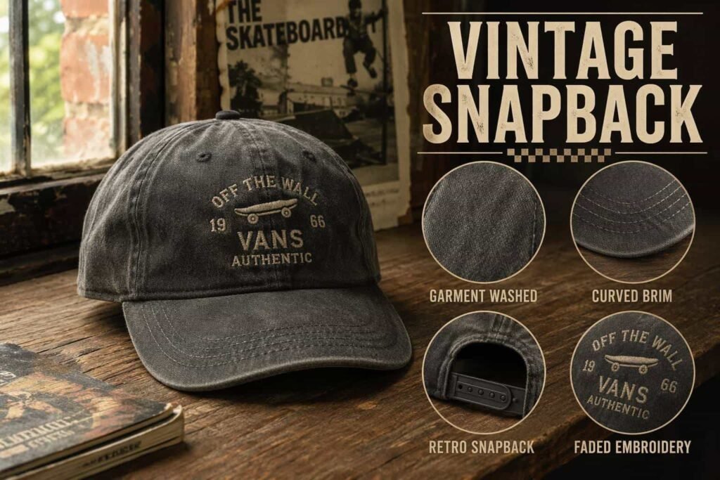 Faded charcoal gray vintage washed snapback hat with distressed finish, curved brim, and faded embroidery — 90s retro style custom adjustable baseball cap for skate brands, lifestyle labels, and nostalgic apparel collections