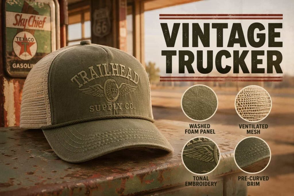 Faded olive green vintage washed trucker hat with distressed foam front panel, tonal embroidery, ventilated mesh back, and pre-curved brim — 80s retro style custom mesh cap for lifestyle brands, fishing and outdoor apparel collections