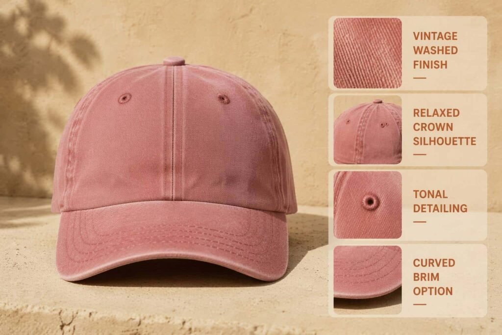 Vintage garment-washed snapback hat in dusty rose with a relaxed structured crown, curved brim, and tonal detailing — a streetwear-inspired classic for creative brands, lifestyle labels, and limited-edition merchandise drops.