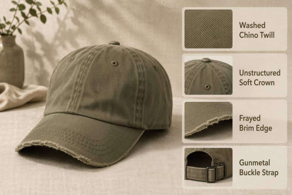 Washed chino twill 6-panel baseball cap in dusty olive khaki with unstructured soft crown, frayed-edge pre-curved brim, and gunmetal buckle strap closure — a relaxed dad-hat silhouette for lifestyle brands, boutique retail accessories, coffee shop merchandise, and custom logo embroidery or minimalist woven patch branding on a clean unstructured front panel.