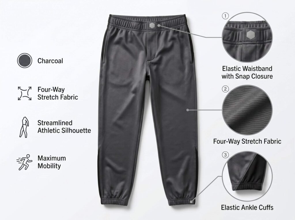Youth Baseball Pants —Charcoal Stretch Fit — Featuring four-way stretch fabric and a sleek athletic cut.