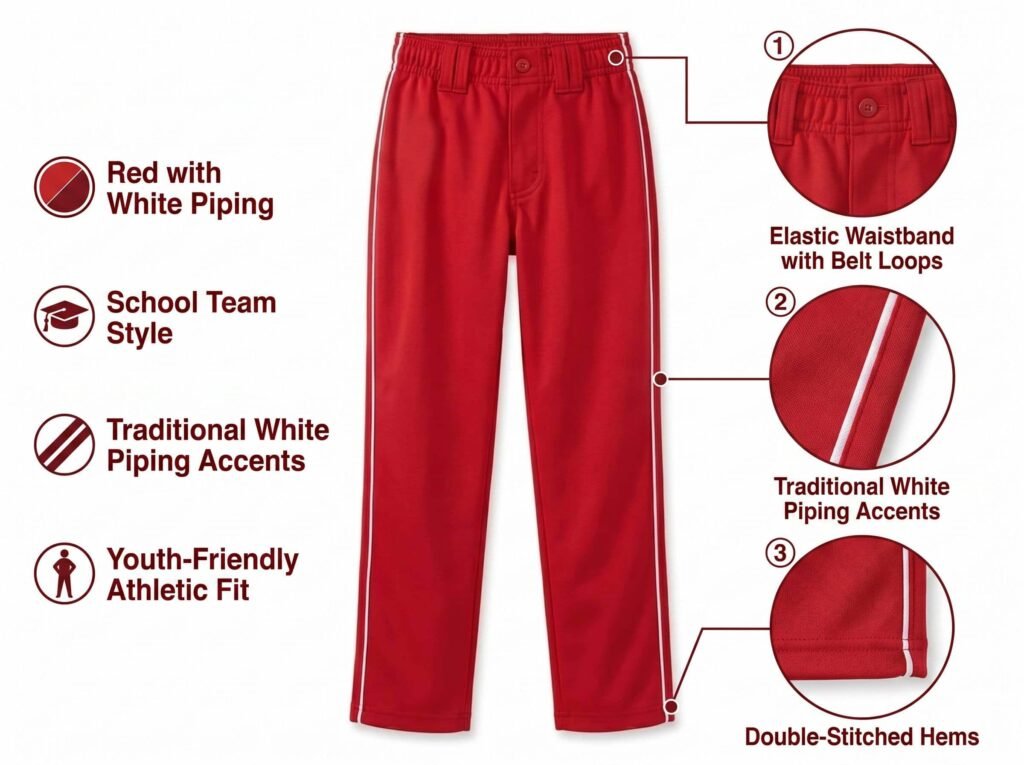 Youth Baseball Pants —Classic Red with White Piping — A traditional school team style featuring clean white trim details.