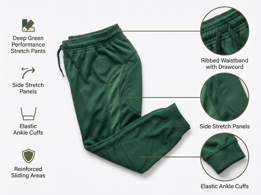 Youth Baseball Pants —Deep Green Stretch Fit — Featuring side stretch panels, elastic cuffs, and reinforced sliding protection.