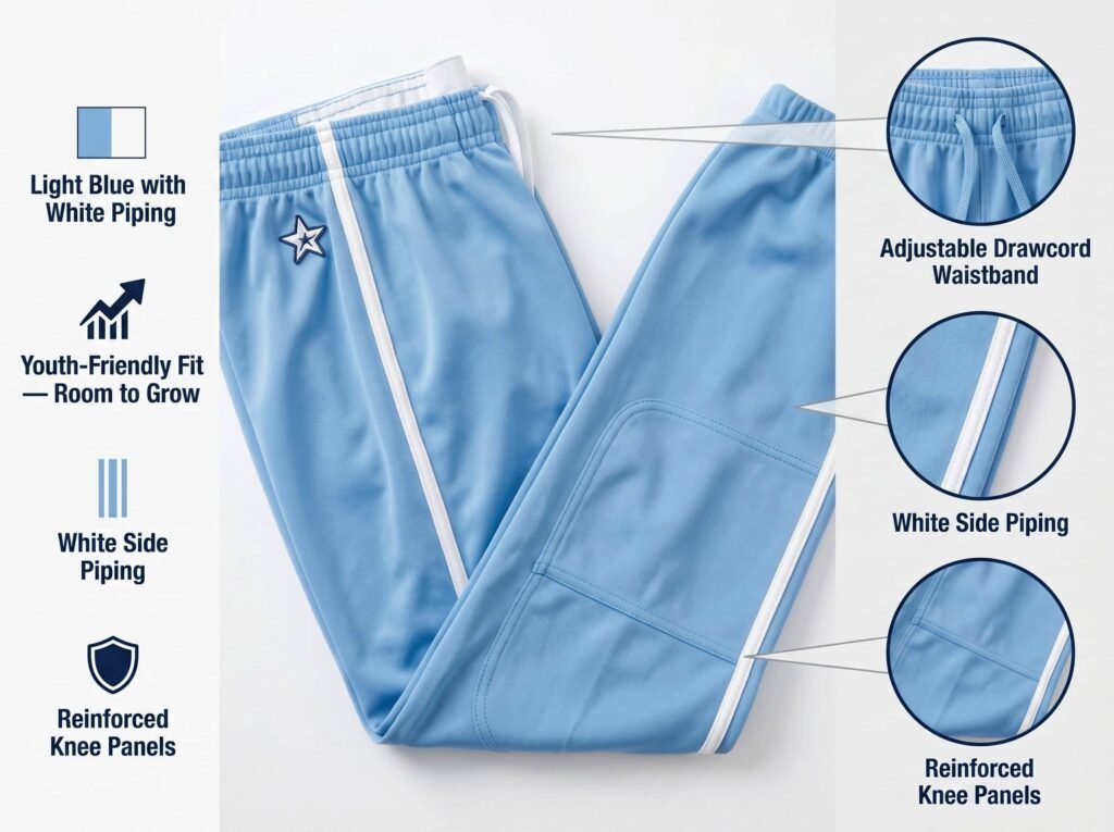 Youth Baseball Pants —Light Blue with White Trim — A relaxed fit designed with room to grow and reinforced knee protection.