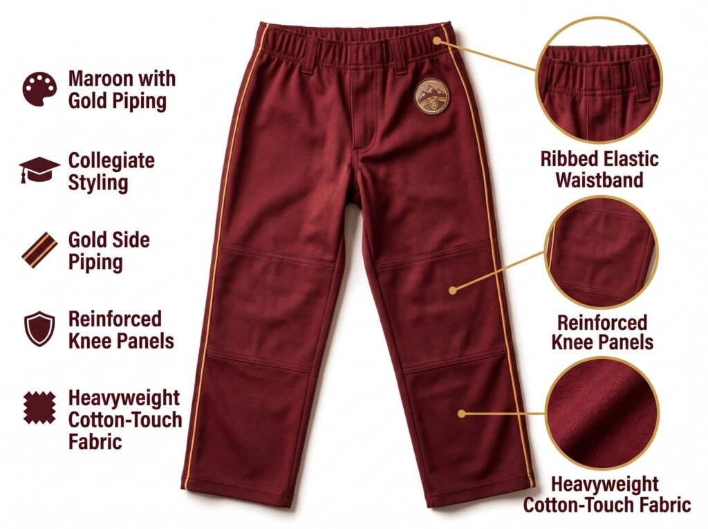 Youth Baseball Pants —Maroon with Gold Piping — A classic collegiate style featuring gold trim, reinforced knee panels, and heavyweight cotton-feel fabric.