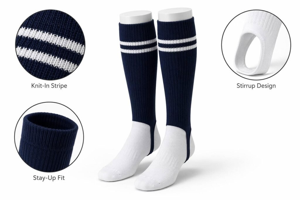custom baseball socks —Custom Sock Style —Stirrup-Style—Knit-In Stripe Stirrup Design Stay-Up Fit