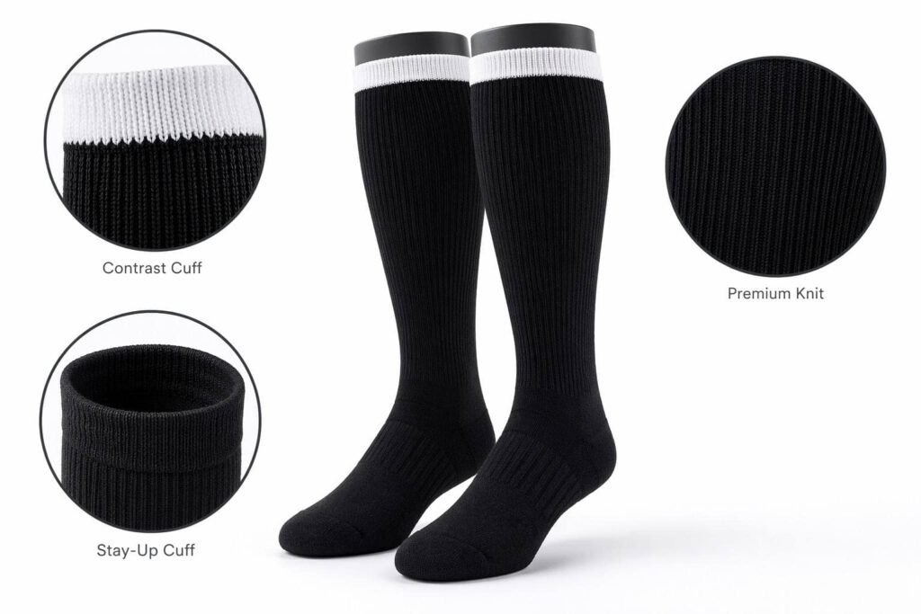 custom baseball socks —Custom Stripe Design —Black Contrast Cuff（White Contrast Cuff Stripes）
