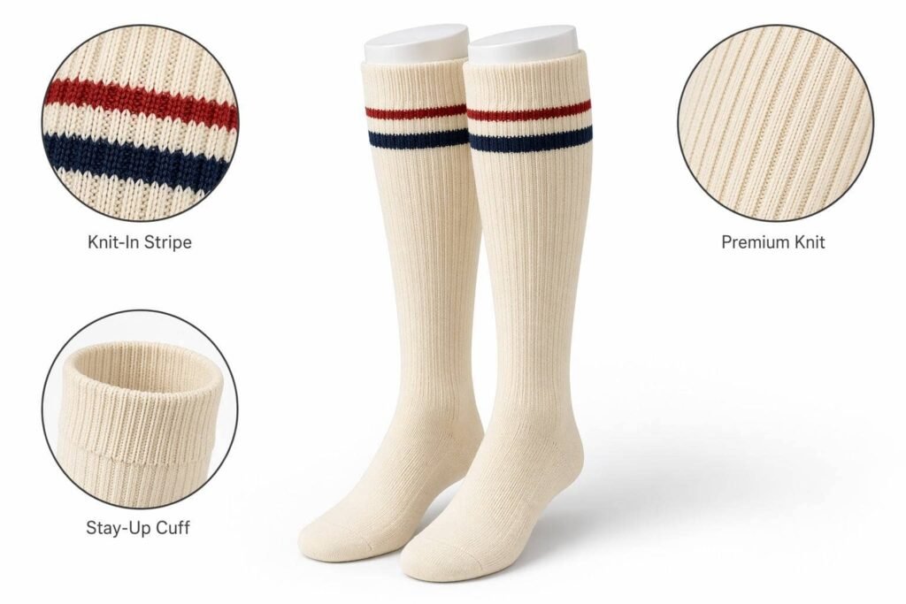 custom baseball socks —Custom Stripe Design —Cream Retro Stripe（Retro Red and Blue Pinstripes）