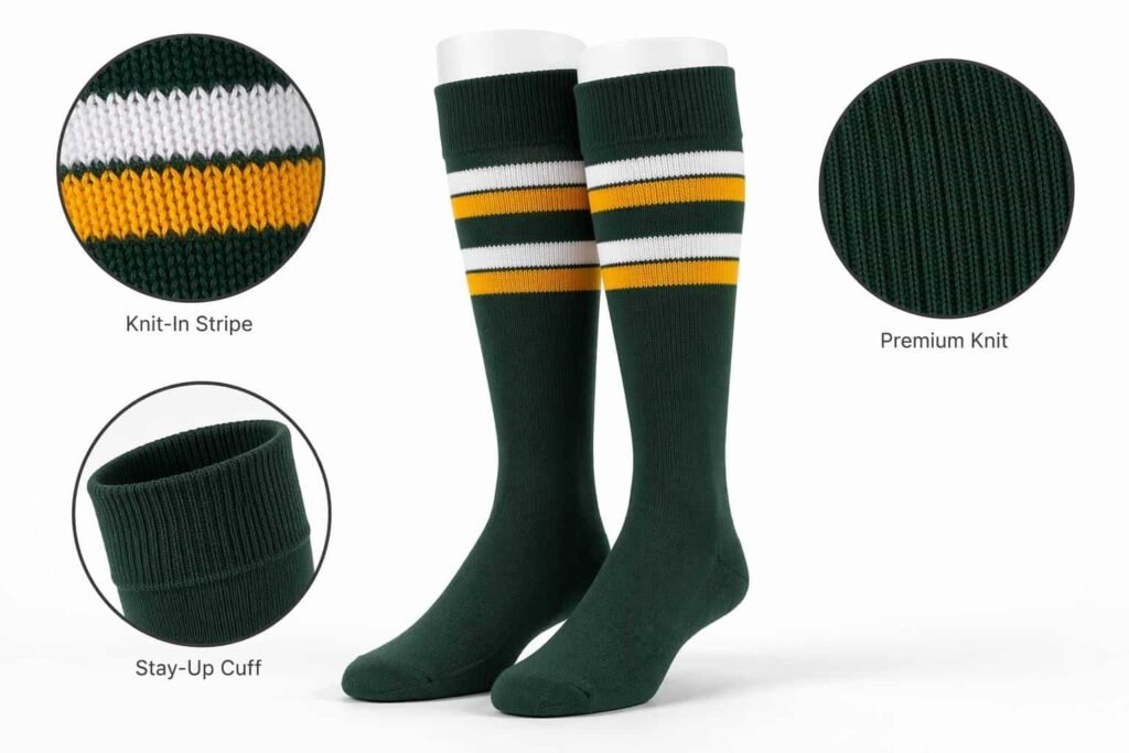 custom baseball socks —Custom Stripe Design —Green Team-Color Pattern（Alternating White and Yellow Team-Color Stripes）