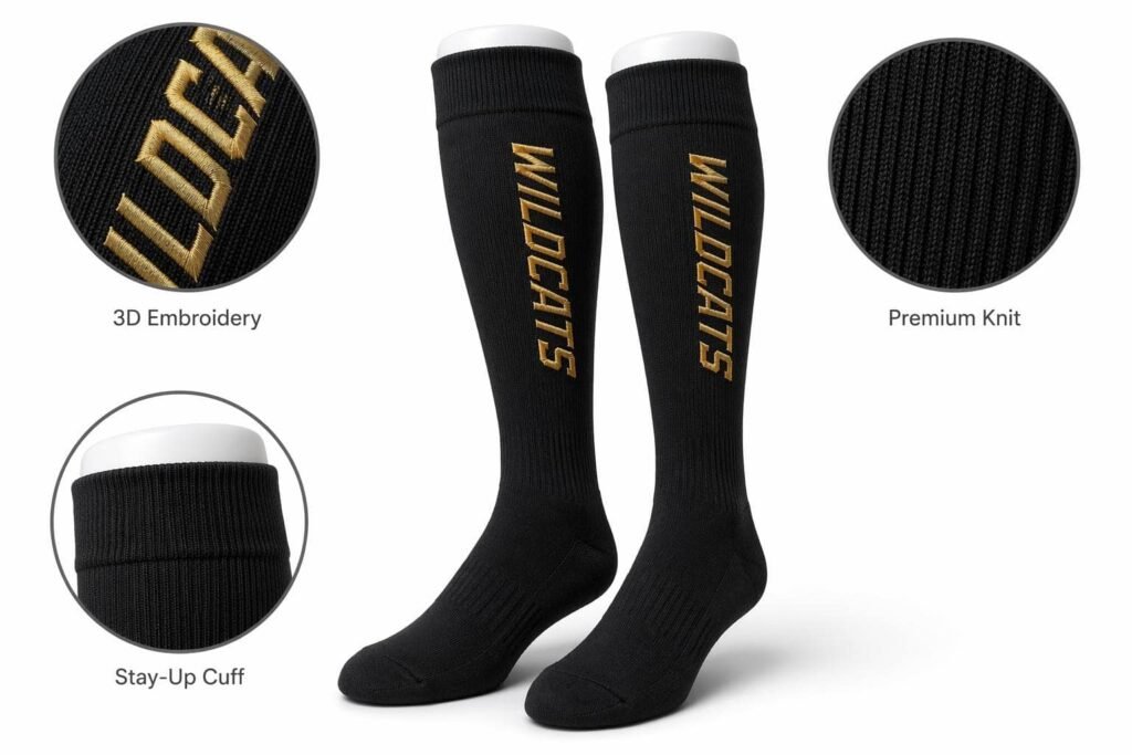 custom baseball socks —Player Number & Team Name —Gold Italic Team Name