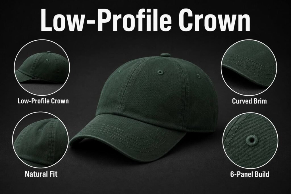 custom fitted hats— hat structure— Low-Profile Crown—Forest Green