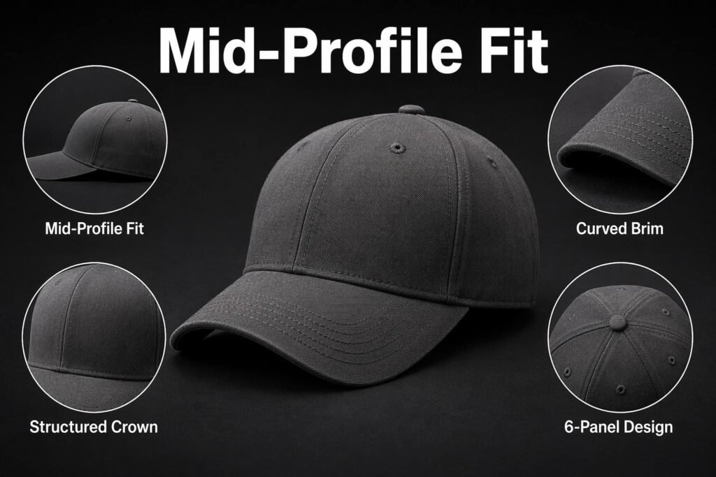 custom fitted hats— hat structure— Mid-Profile Fit—Charcoal Grey