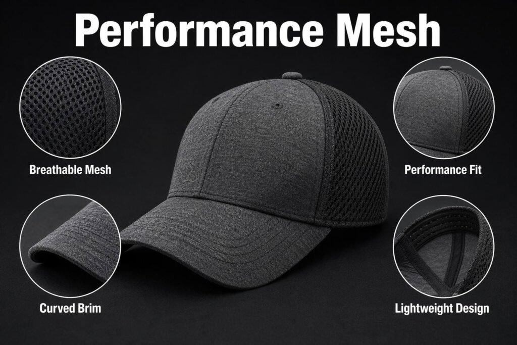 custom fitted hats— hat structure— Performance Mesh—Heather Dark Grey