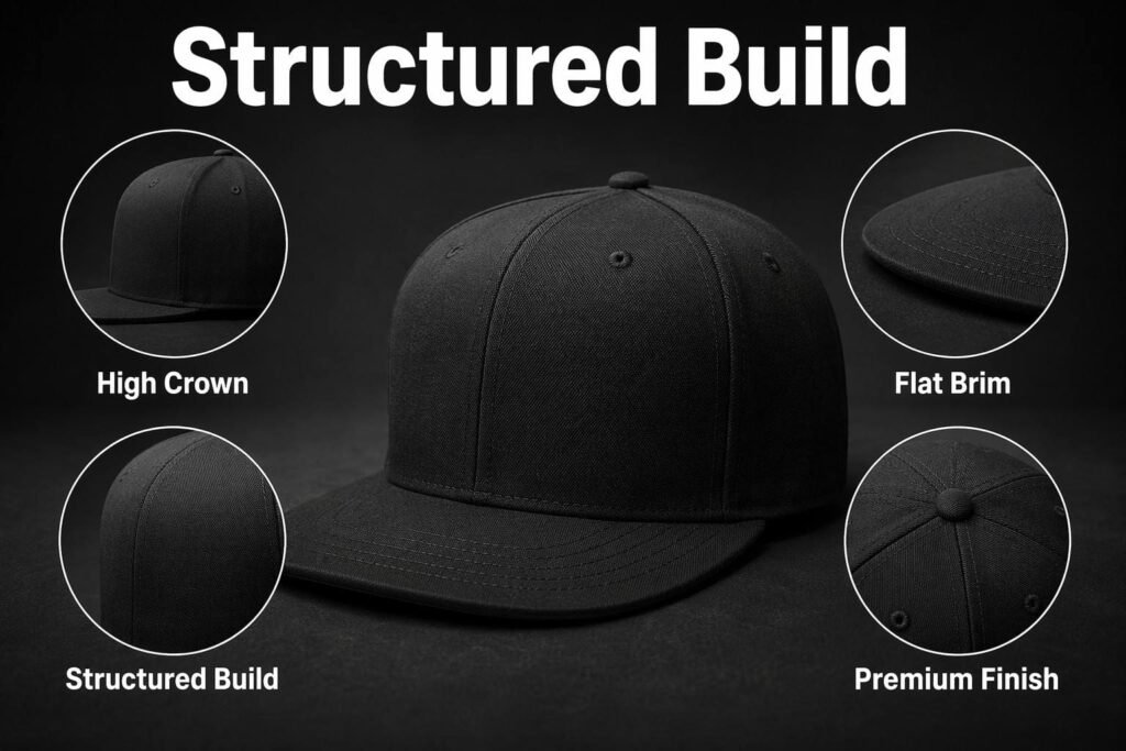 custom fitted hats— hat structure— Structured Build—Matte Black