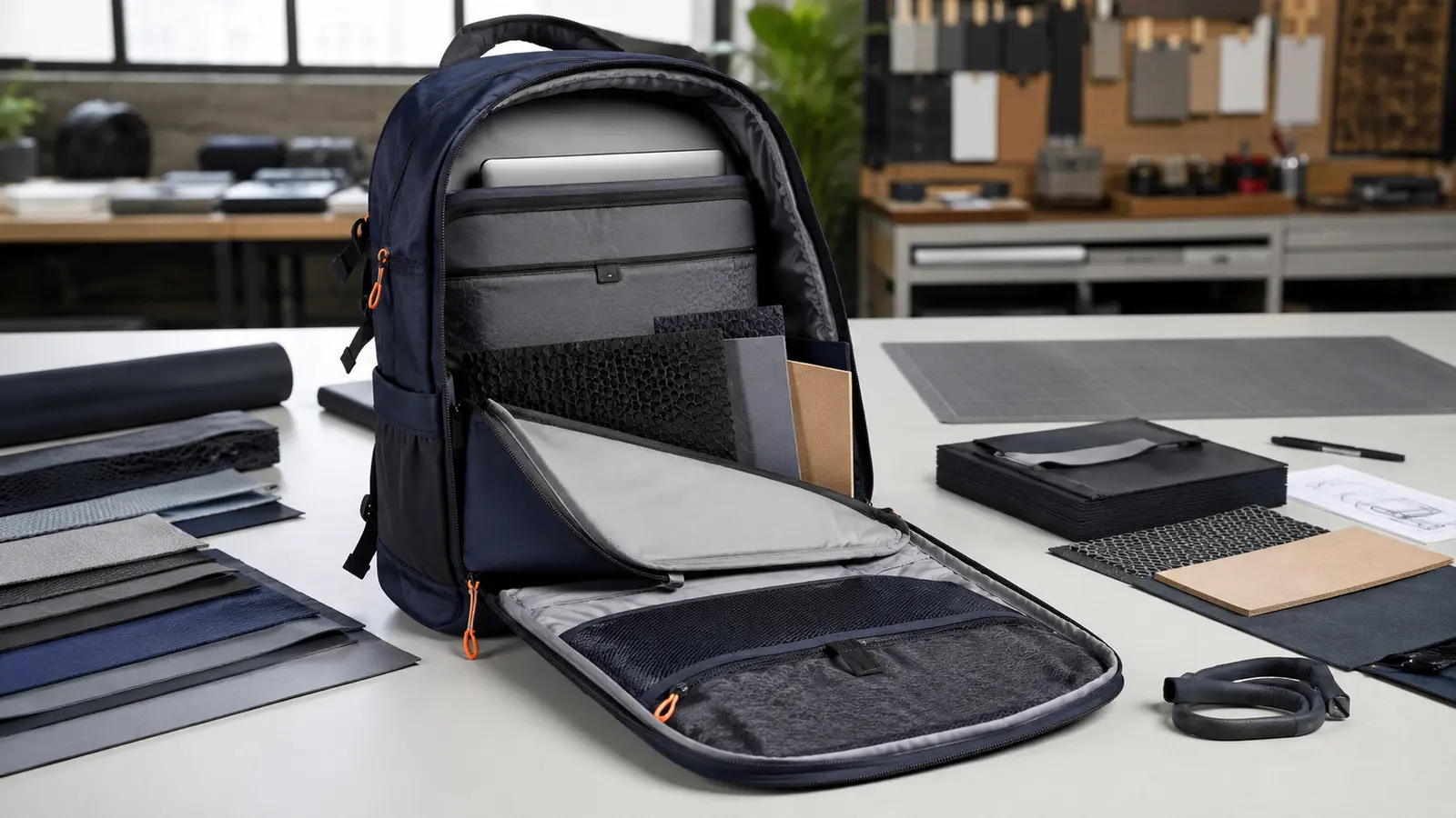 A backpack interior combines surface, cushioning, structural, and stress-reinforcement materials with different functions.
