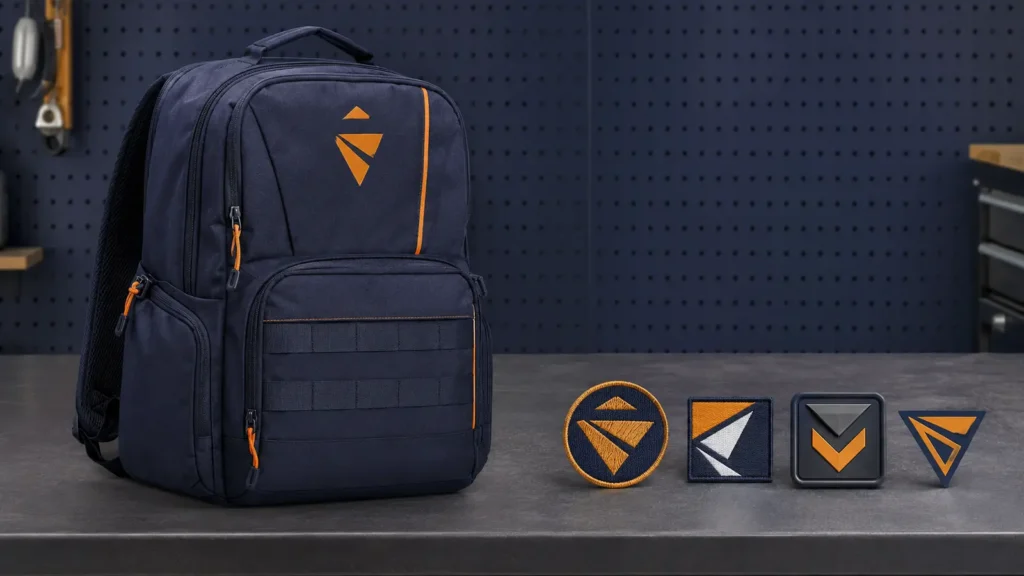 Four patch styles beside a navy team backpack